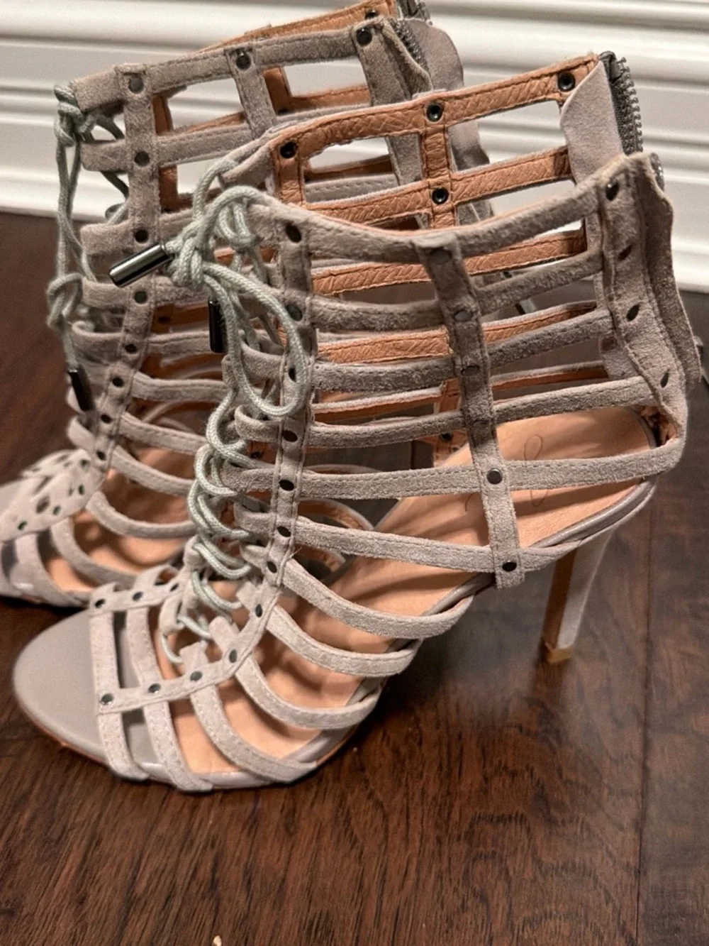 Joie Light Gray Strappy Lace-Up Cage Heels